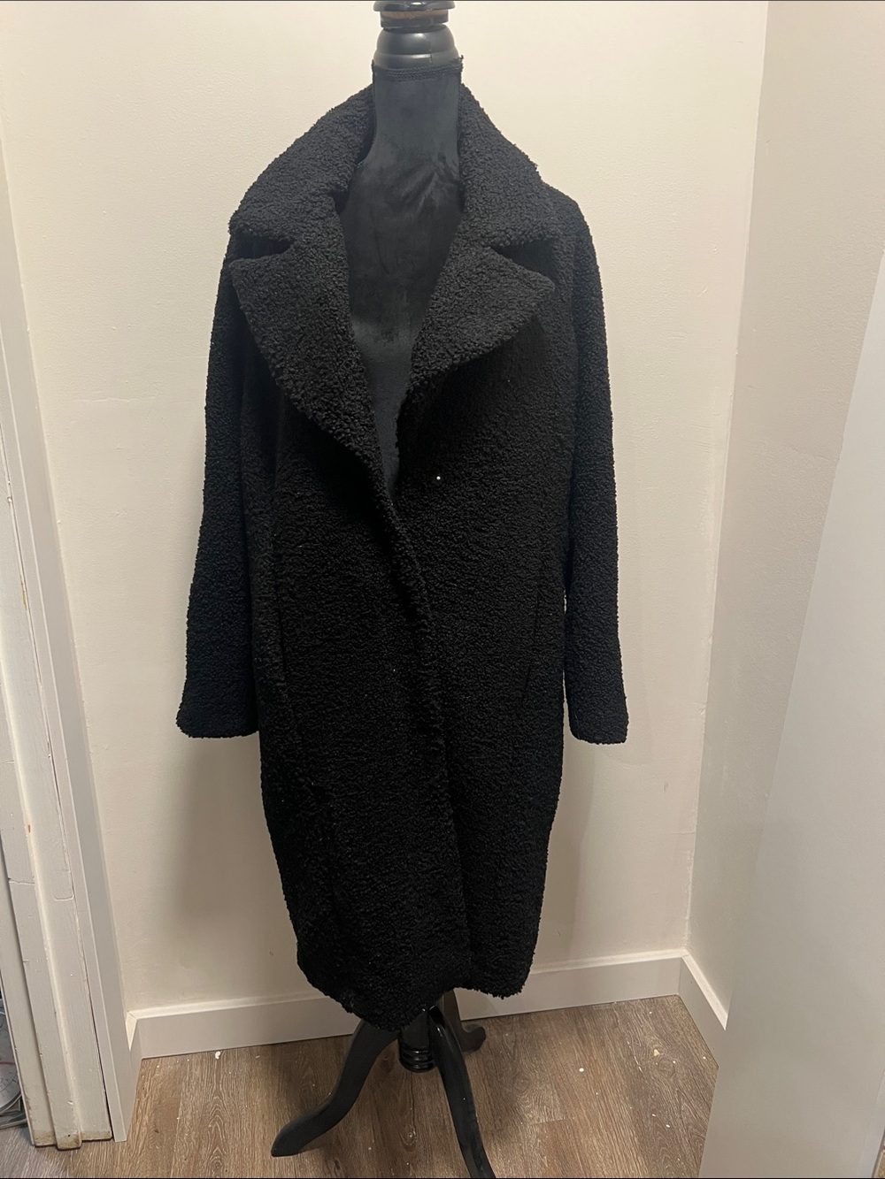 Express Black Long Teddy Coat with Wide Collar